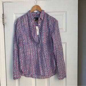 J Crew Women’s Chevron Patterned Pink and Blue Popover 3/4 Button Medium Cotton